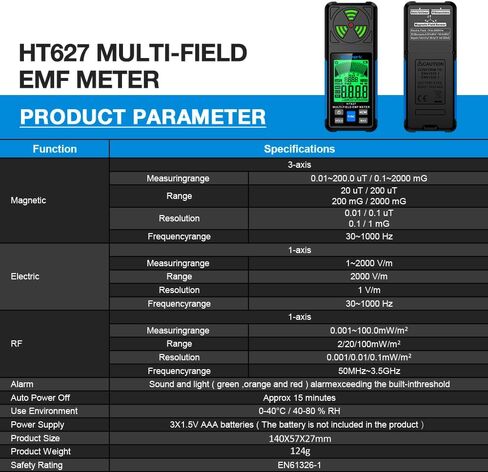 مقياس EMF، كاشف إشعاع المجال المغناطيسي متعدد الوظائف 3 في 1 لـ EF RF MF، مقياس كشف تردد الراديو لفحص EMF في المكتب والمنزل (HT627) in Kuwait