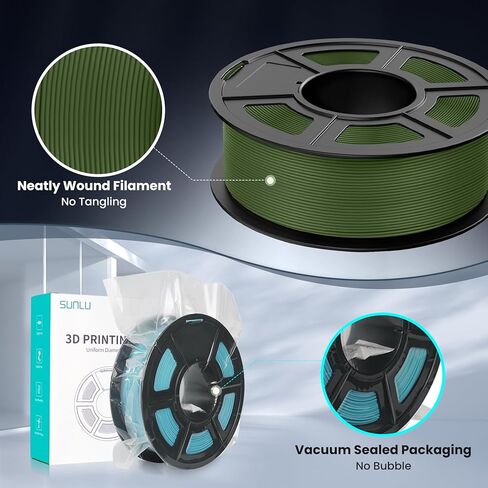خيوط طابعة SUNLU PLA ثلاثية الأبعاد، بدون خيوط PLA 1.75 مم، خيوط طباعة ثلاثية الأبعاد مضادة للجروح بدقة PLA، طباعة سريعة للطابعة ثلاثية الأبعاد، دقة الأبعاد +/- 0.02 مم، 1 كجم، APLA أخضر زيتوني in Kuwait