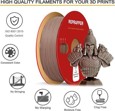 Reprapper Wood PLA، شعيرات PLA خشبية مزدوجة اللون 1.75 مم، خيوط طابعة ثلاثية الأبعاد مع ألياف الخشب الحقيقية، واهوت/طبيعي، 1000 جرام in Kuwait