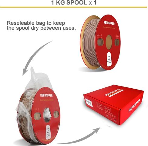Reprapper Wood PLA، شعيرات PLA خشبية مزدوجة اللون 1.75 مم، خيوط طابعة ثلاثية الأبعاد مع ألياف الخشب الحقيقية، واهوت/طبيعي، 1000 جرام in Kuwait