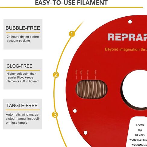 Reprapper Wood PLA، شعيرات PLA خشبية مزدوجة اللون 1.75 مم، خيوط طابعة ثلاثية الأبعاد مع ألياف الخشب الحقيقية، واهوت/طبيعي، 1000 جرام in Kuwait