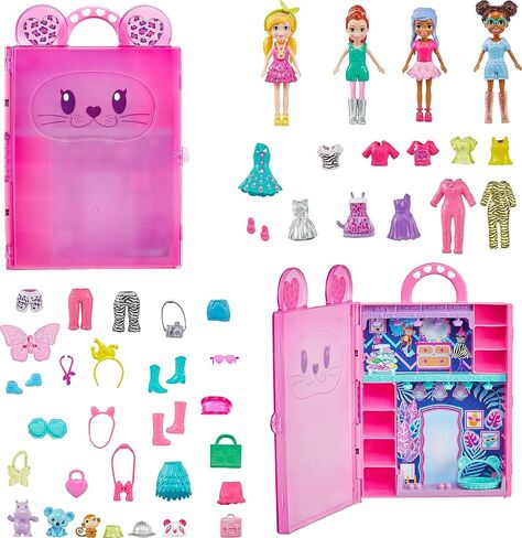 Polly Pocket Set with 4 Dolls, 3 Pets & 50 Fashion Accessories, Stylin' Safari Fashion Collection, Animal-Themed Case in Saudi Arabia