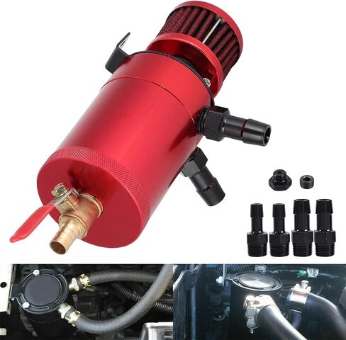 مجموعة علب التقاط الزيت بمنفذين مع محولين + قابس صمام تصريف مرشح الاستراحة بمنفذين (1 فتحة + 1 مدخل) 150 مل من الألومنيوم العالمي لخزان الزيت وفاصل الزيت باللون الأحمر in Saudi Arabia