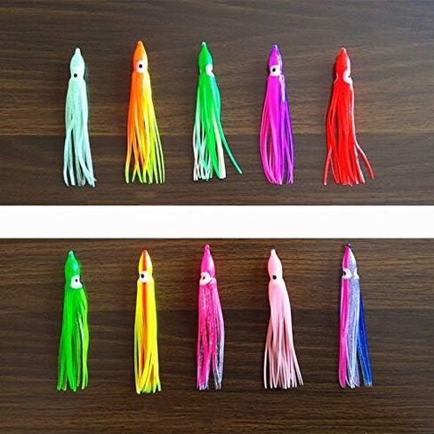 50pcs Glow Soft Plastic Octopus Squid Skirt Fishing Lures Hoochies Trolling Saltwater Soft Fishing Lures Set for Bass Salmon Trout 5cm 10cm 12cm 15cm 10 Colors Included in Saudi Arabia