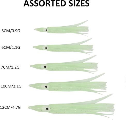 50pcs Glow Soft Plastic Octopus Squid Skirt Fishing Lures Hoochies Trolling Saltwater Soft Fishing Lures Set for Bass Salmon Trout 5cm 10cm 12cm 15cm 10 Colors Included in Saudi Arabia