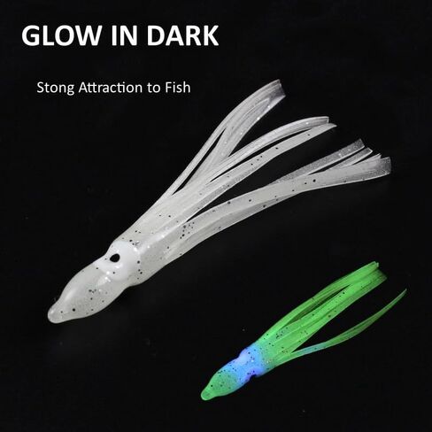50pcs Glow Soft Plastic Octopus Squid Skirt Fishing Lures Hoochies Trolling Saltwater Soft Fishing Lures Set for Bass Salmon Trout 5cm 10cm 12cm 15cm 10 Colors Included in Saudi Arabia