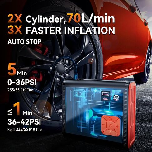 منفاخ إطارات محمول، 150 رطل لكل بوصة مربعة مزدوجة الأسطوانة، منفاخ إطارات محمول أسرع 3 مرات، مضخة هواء محمولة وضع الطاقة المزدوجة 28000 مللي أمبير في الساعة لإطارات السيارات وإطارات الدراجات النارية وإطارات الدراجات والكرات وما إلى ذلك in Kuwait