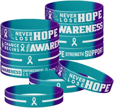 12Pack Suicide Prevention Awareness Silicone Wristbands, Never Lose Hope, Change Begins with Awareness, Teal & Purple Ribbon Silicone Rubber Support Wristbands, Rubber Wristbands Unisex Size Gift in Saudi Arabia