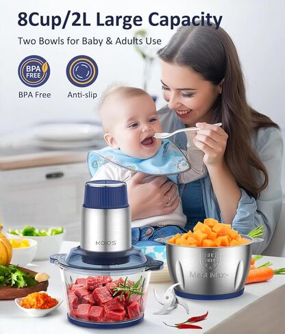 محضرة طعام صغيرة من كويوس مع وعاءين (8 أكواب + 8 أكواب) ومجموعتين من الشفرات ثنائية المستوى، مفرمة لحم كهربائية سعة 2 لتر للحوم/الخضار/الفواكه/المكسرات/أغذية الأطفال، 500 وات، وضعين للسرعة in Kuwait