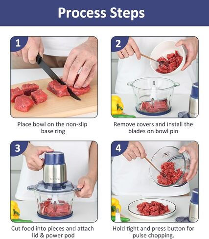 محضرة طعام صغيرة من كويوس مع وعاءين (8 أكواب + 8 أكواب) ومجموعتين من الشفرات ثنائية المستوى، مفرمة لحم كهربائية سعة 2 لتر للحوم/الخضار/الفواكه/المكسرات/أغذية الأطفال، 500 وات، وضعين للسرعة in Kuwait