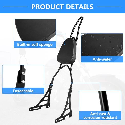 Motorcycle Sissy Bar Rear Passenger Seat Backrest, Chrome Detachable with Black Cushion Pad Compatible with Harley Sportster XL883 XL1200 2004-UP in Saudi Arabia