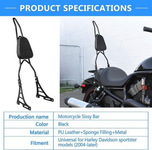 Motorcycle Sissy Bar Rear Passenger Seat Backrest, Chrome Detachable with Black Cushion Pad Compatible with Harley Sportster XL883 XL1200 2004-UP in Saudi Arabia