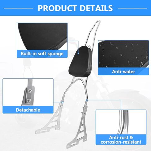 Motorcycle Sissy Bar Rear Passenger Seat Backrest, Chrome Detachable with Black Cushion Pad Compatible with Harley Sportster XL883 XL1200 2004-UP in Saudi Arabia