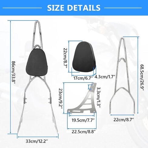 Motorcycle Sissy Bar Rear Passenger Seat Backrest, Chrome Detachable with Black Cushion Pad Compatible with Harley Sportster XL883 XL1200 2004-UP in Saudi Arabia