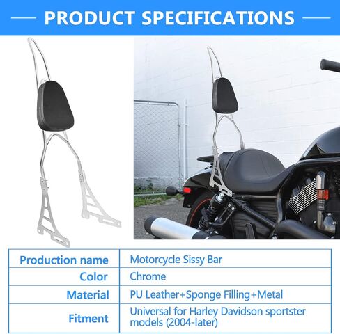 Motorcycle Sissy Bar Rear Passenger Seat Backrest, Chrome Detachable with Black Cushion Pad Compatible with Harley Sportster XL883 XL1200 2004-UP in Saudi Arabia