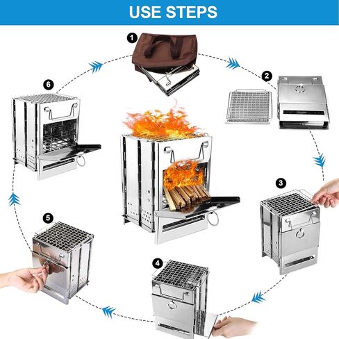 موقد تخييم حرق الخشب من واديو، موقد تخييم قابل للطي من الفولاذ المقاوم للصدأ، موقد خشبي محمول على الظهر للطهي في الهواء الطلق، والنزهة والشواء in Kuwait