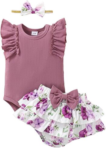 Newborn Baby Girl Summer Clothes Sleeveless Ruffle Romper and Shorts Set with Headband 0-18M in Saudi Arabia