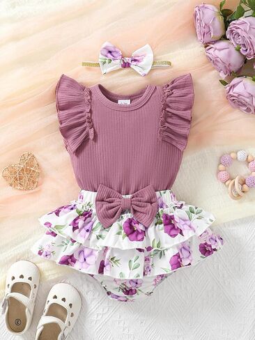 Newborn Baby Girl Summer Clothes Sleeveless Ruffle Romper and Shorts Set with Headband 0-18M in Saudi Arabia