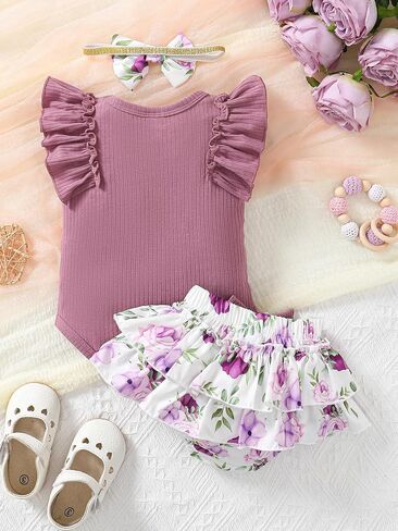 Newborn Baby Girl Summer Clothes Sleeveless Ruffle Romper and Shorts Set with Headband 0-18M in Saudi Arabia