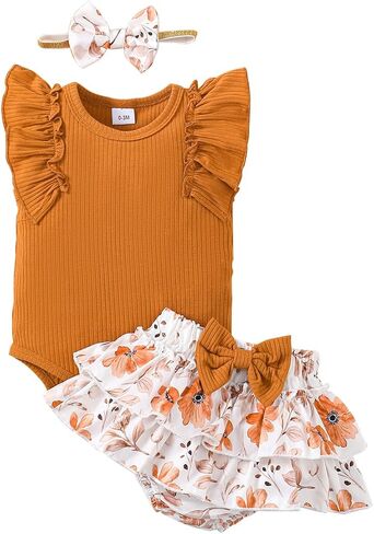 Newborn Baby Girl Summer Clothes Sleeveless Ruffle Romper and Shorts Set with Headband 0-18M in Saudi Arabia