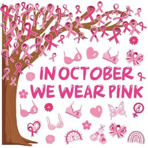 99 Pcs Breast Cancer Awareness Tree Bulletin Board Decoration Pink Ribbon Tree Paper Cutouts with 200 Pcs Glue Points for Party Home Classroom Office in Saudi Arabia