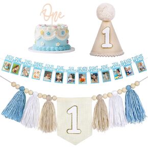 Blue Baby Boy First Birthday Decorations with 0-12 Month 1st Birthday Photo Banner ,Blue Hat, One Cake Topper and High Chair Tassel Banner 1st Decor in Saudi Arabia