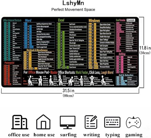 Excel Cheat Sheet Mouse Pad كبير XL مع Excel اختصار مفتاح مقاوم للماء غير قابلة للانزلاق لوحة الماوس لاستوديو مكتب كمبيوتر مكتب العودة إلى المدرسة 31.5x11.8 بوصة in Kuwait