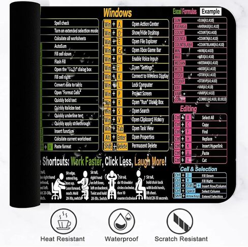 Excel Cheat Sheet Mouse Pad كبير XL مع Excel اختصار مفتاح مقاوم للماء غير قابلة للانزلاق لوحة الماوس لاستوديو مكتب كمبيوتر مكتب العودة إلى المدرسة 31.5x11.8 بوصة in Kuwait