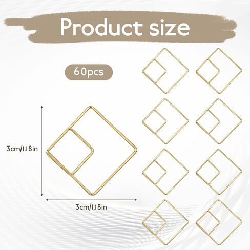 Square Geometric Paper Clips Gold, 60 Pcs Stainless Steel Paperclips Cute Decorative Fancy Mini Small Paperclips Bookmarks Paper Clips for Organizing Documents Photo Wedding Office Notes Decoration in Saudi Arabia