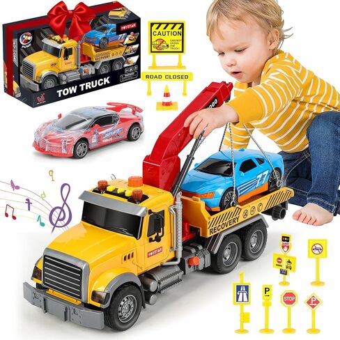 15IN Tow Truck Toy for Kids 3 4 5 6 7 Years Old Boys - Crane Trailer Construction Set with Racing Car and Traffic Signs, Truck Crane with Lights and Sounds, Christmas Birthday Gifts for Boys & Girls in Saudi Arabia