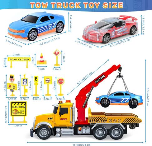 15IN Tow Truck Toy for Kids 3 4 5 6 7 Years Old Boys - Crane Trailer Construction Set with Racing Car and Traffic Signs, Truck Crane with Lights and Sounds, Christmas Birthday Gifts for Boys & Girls in Saudi Arabia