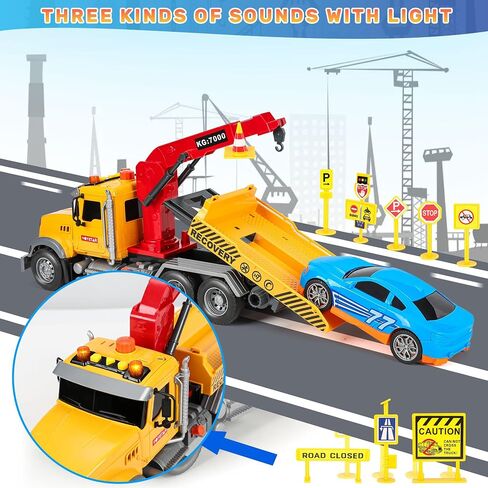 15IN Tow Truck Toy for Kids 3 4 5 6 7 Years Old Boys - Crane Trailer Construction Set with Racing Car and Traffic Signs, Truck Crane with Lights and Sounds, Christmas Birthday Gifts for Boys & Girls in Saudi Arabia