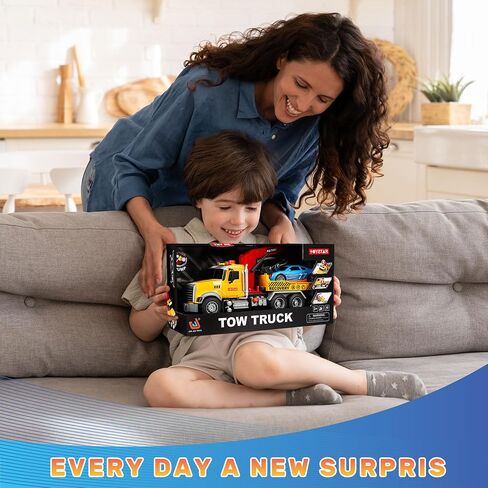 15IN Tow Truck Toy for Kids 3 4 5 6 7 Years Old Boys - Crane Trailer Construction Set with Racing Car and Traffic Signs, Truck Crane with Lights and Sounds, Christmas Birthday Gifts for Boys & Girls in Saudi Arabia