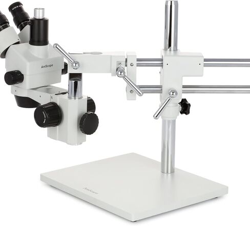 AmScope SM-4TZ-56S مجهر تكبير ستيريو ثلاثي العينيات احترافي، عدسات WH10x، تكبير 3.5X-90X، هدف تكبير 0.7X-4.5X، ضوء حلقة LED 56 لمبة، حامل ذراع مزدوج، 110 فولت-120 فولت، 110 فولت-240 فولت، تتضمن عدسة بارلو 0.5X و2.0X in Kuwait