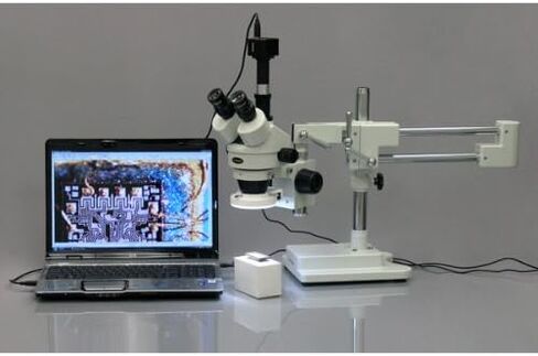 AmScope SM-4TZ-56S مجهر تكبير ستيريو ثلاثي العينيات احترافي، عدسات WH10x، تكبير 3.5X-90X، هدف تكبير 0.7X-4.5X، ضوء حلقة LED 56 لمبة، حامل ذراع مزدوج، 110 فولت-120 فولت، 110 فولت-240 فولت، تتضمن عدسة بارلو 0.5X و2.0X in Kuwait