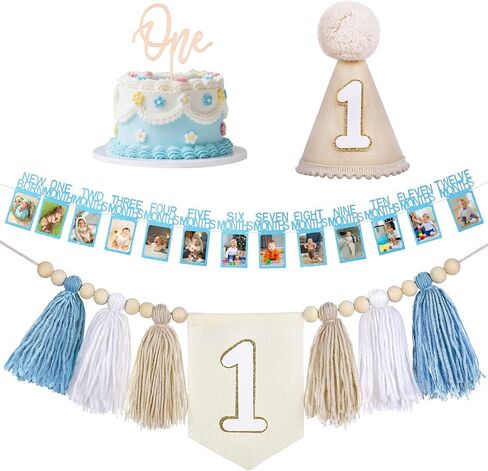 Blue Baby Boy First Birthday Decorations with 0-12 Month 1st Birthday Photo Banner ,Blue Hat, One Cake Topper and High Chair Tassel Banner 1st Decor in Saudi Arabia