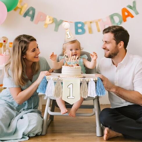 Blue Baby Boy First Birthday Decorations with 0-12 Month 1st Birthday Photo Banner ,Blue Hat, One Cake Topper and High Chair Tassel Banner 1st Decor in Saudi Arabia