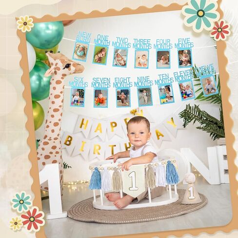 Blue Baby Boy First Birthday Decorations with 0-12 Month 1st Birthday Photo Banner ,Blue Hat, One Cake Topper and High Chair Tassel Banner 1st Decor in Saudi Arabia