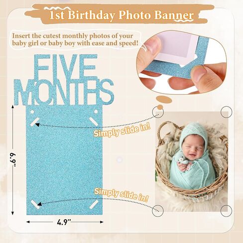 Blue Baby Boy First Birthday Decorations with 0-12 Month 1st Birthday Photo Banner ,Blue Hat, One Cake Topper and High Chair Tassel Banner 1st Decor in Saudi Arabia