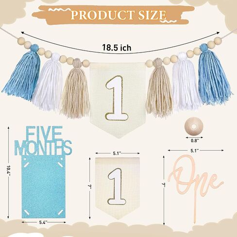 Blue Baby Boy First Birthday Decorations with 0-12 Month 1st Birthday Photo Banner ,Blue Hat, One Cake Topper and High Chair Tassel Banner 1st Decor in Saudi Arabia