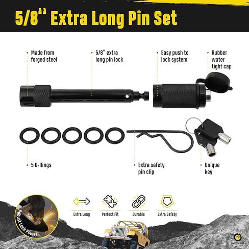 مجموعة دبابيس قفل وصلة المقطورة - قطعتان. دبابيس سوداء طويلة للغاية مقاس 5/8 بوصة مع نظامي قفل، ومشبكين أمان، و10 حلقات دائرية مضادة للخشخشة - أجهزة استقبال سحب 2 بوصة و2.5 بوصة (الفئة III، IV، V) in Kuwait