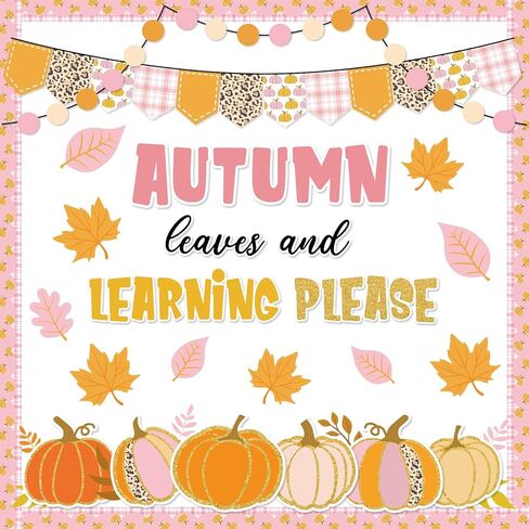 78Pcs Fall Classroom Bulletin Board Decorations Pink Orange Pumpkin Maple Leaf Cutouts for Autumn Thanksgiving Harvest Party Supplies School Chalkboard Wall Decor in Saudi Arabia