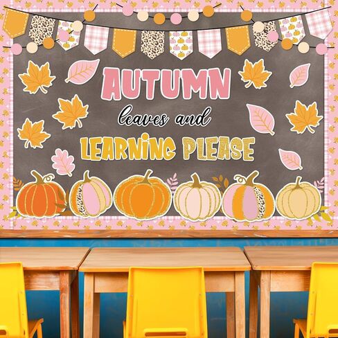 78Pcs Fall Classroom Bulletin Board Decorations Pink Orange Pumpkin Maple Leaf Cutouts for Autumn Thanksgiving Harvest Party Supplies School Chalkboard Wall Decor in Saudi Arabia