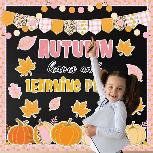78Pcs Fall Classroom Bulletin Board Decorations Pink Orange Pumpkin Maple Leaf Cutouts for Autumn Thanksgiving Harvest Party Supplies School Chalkboard Wall Decor in Saudi Arabia