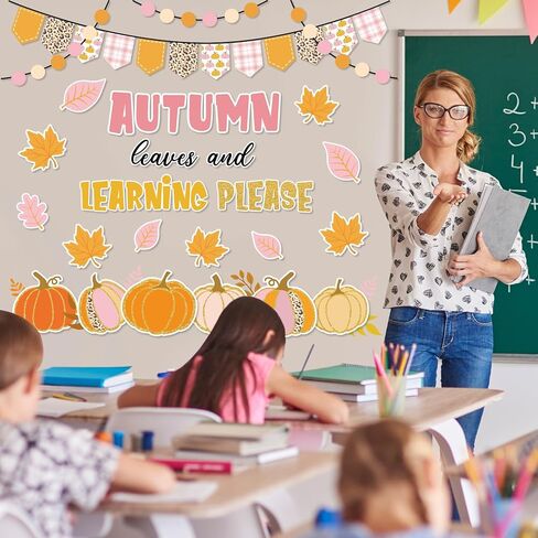 78Pcs Fall Classroom Bulletin Board Decorations Pink Orange Pumpkin Maple Leaf Cutouts for Autumn Thanksgiving Harvest Party Supplies School Chalkboard Wall Decor in Saudi Arabia