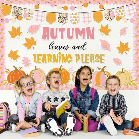 78Pcs Fall Classroom Bulletin Board Decorations Pink Orange Pumpkin Maple Leaf Cutouts for Autumn Thanksgiving Harvest Party Supplies School Chalkboard Wall Decor in Saudi Arabia