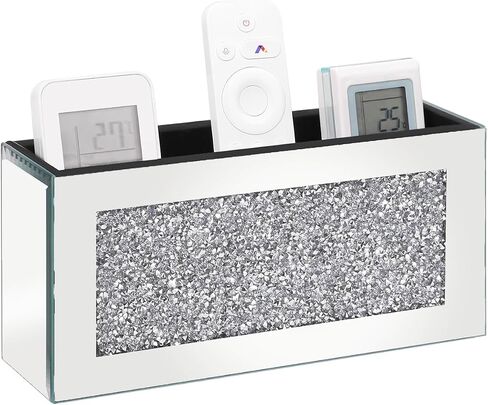 Mirrored Remote Control Holder - Remote Holder Wall Mount with Sparkling Crush Diamond for Living Room & Bedroom, Phone TV Remote Organizer Storage Décor, Silver in Saudi Arabia