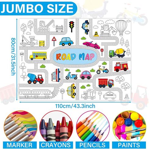 ملصق تلوين النقل للأطفال عملاق كبير تلوين الطريق ملصق TableCloth Jumbo التلوين كتاب الحرف مرور مرور مرور سيارات الشاحنات ملصقات عيد ميلاد للأطفال الصغار تزيين الحفلات التعليمية in Saudi Arabia