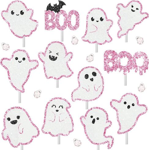 Ghost Cupcake Toppers 24pcs Pink Halloween Ghost Birthday Cake Decorations Ghost Boo Cupcake. in Saudi Arabia