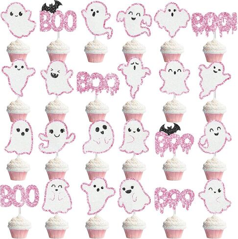 Ghost Cupcake Toppers 24pcs Pink Halloween Ghost Birthday Cake Decorations Ghost Boo Cupcake. in Saudi Arabia